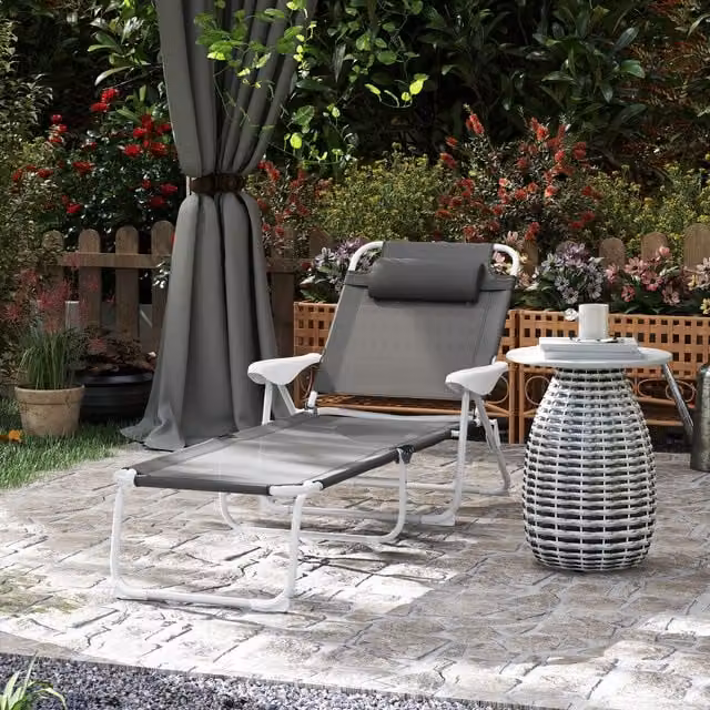 Outsunny Folding Reclining Lounge Chair with Armrests in Grey Textilene Fabric