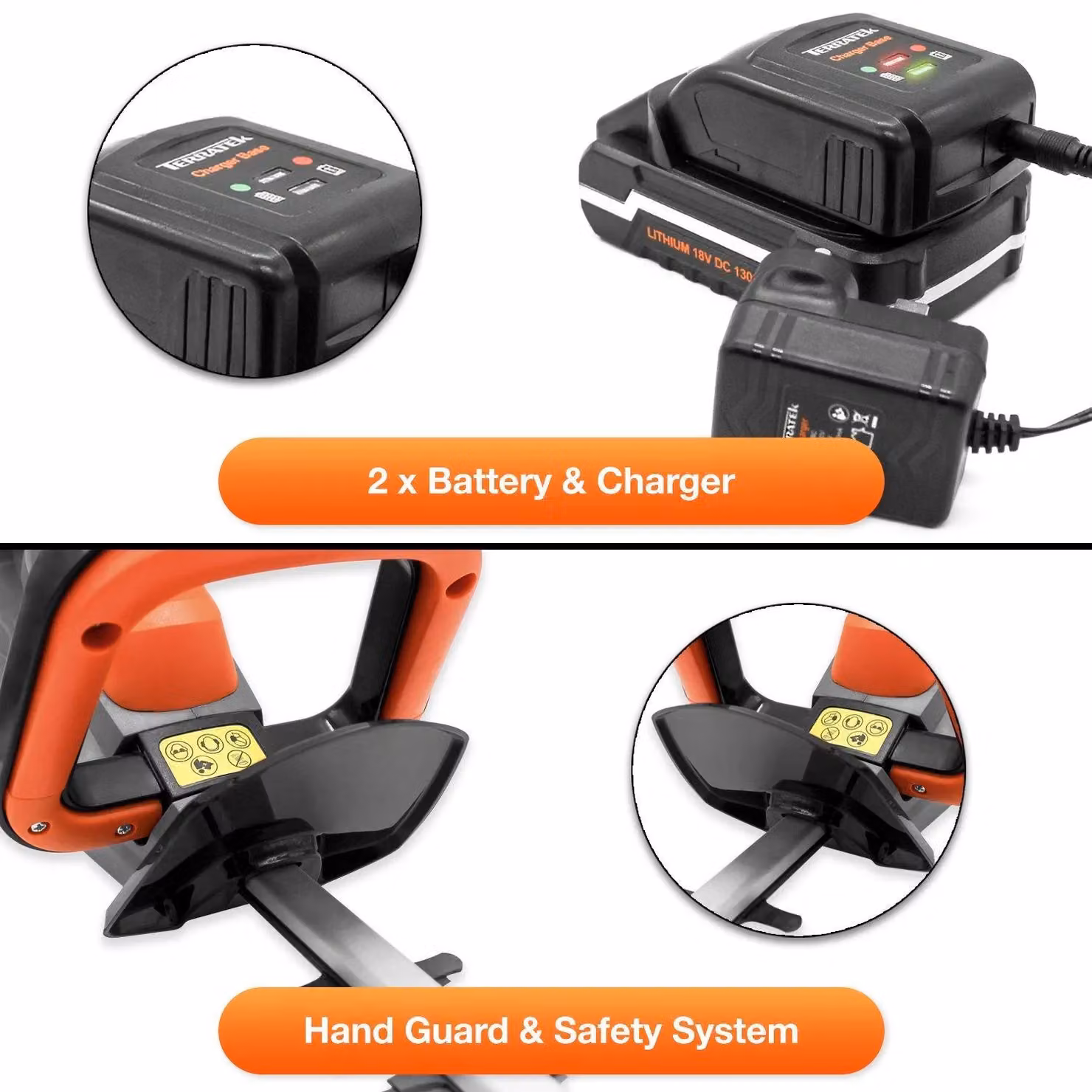 Terratek 20V Cordless Reciprocating Hedge Trimmer with 2 Rechargeable Batteries and Charger, Orange – 3