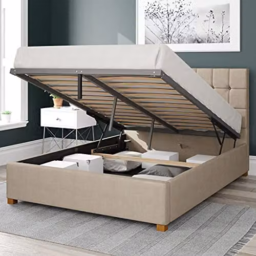 Aspire Beds Ottoman Bed in Beige Fabric with Lift Up Base, W/D/H: 180 x 200 x 112 cm – 2