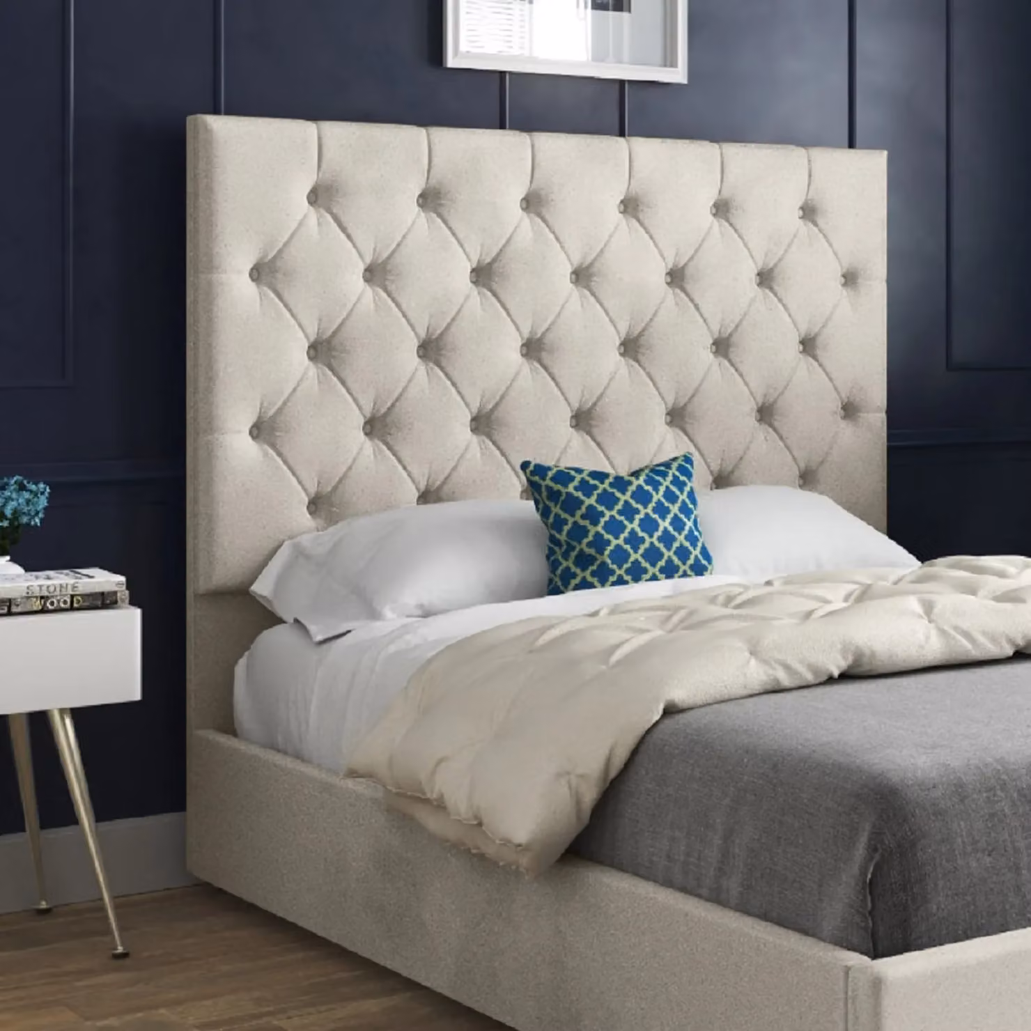 Casani Alma Upholstered Velvet Chesterfield Bed Frame in Beige, W/D/H: 140 x 200 cm – 2