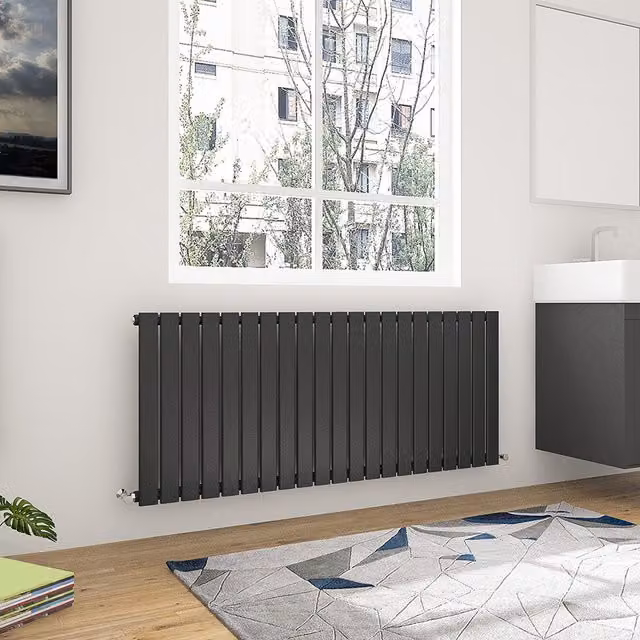 AicaBathroom Horizontal Flat Panel Steel Radiator in Black, W: 142.8 cm, H: 60 cm