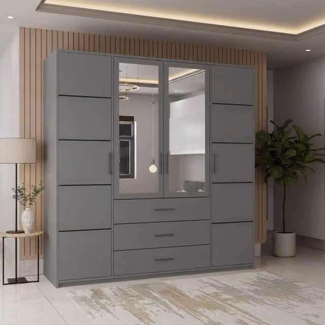 MN Furniture Modern Grey Hinged Wardrobe with Mirror Door and Internal Drawers W/D/H: 200 x 200 x 200 cm