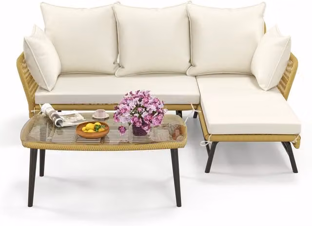 Costway 3 Piece L-Shaped Modern Rattan Garden Sofa Set in White