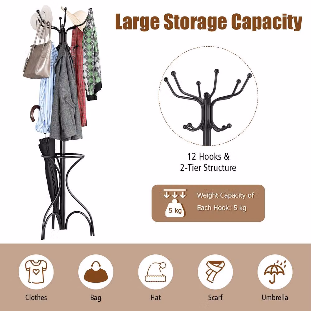 Costway Modern Metal Coat Stand Hanger with 12 Hooks and Umbrella Holder in Matt Black – 5