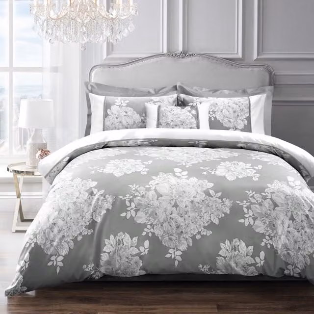 Sweet Dreams Silver Jacquard Floral Duvet Cover and Pillowcase Set, W: 140 cm, L: 200 cm