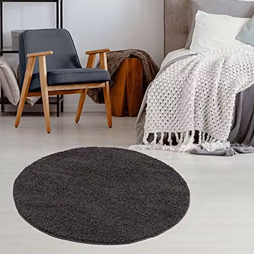THE RUGS Round Shaggy Soft High Pile Rug, Grey, Diameter: 120 cm – 2