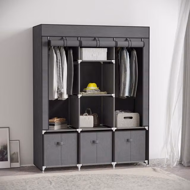 HOMCOM Freestanding Fabric Wardrobe with Internal Shelves, Hanging Rod and Drawers in Grey