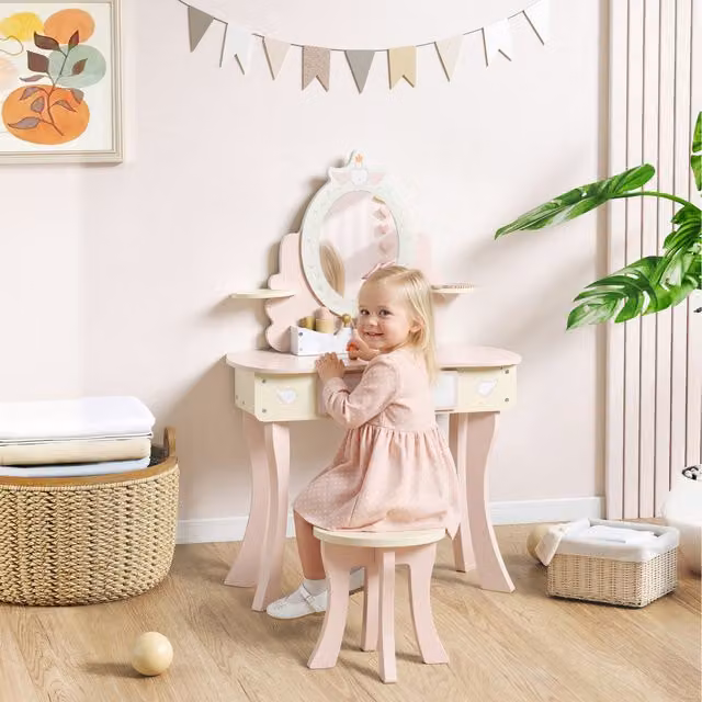 AIYAPLAY Kids Dressing Table with Stool and Mirror in Pink