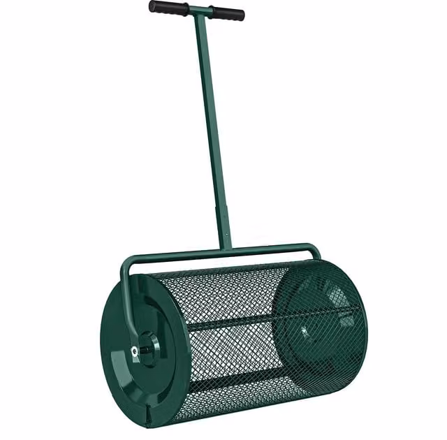 Outsunny Green Compost Spreader with Height Adjustable T-Shaped Handle and Metal Mesh Basket