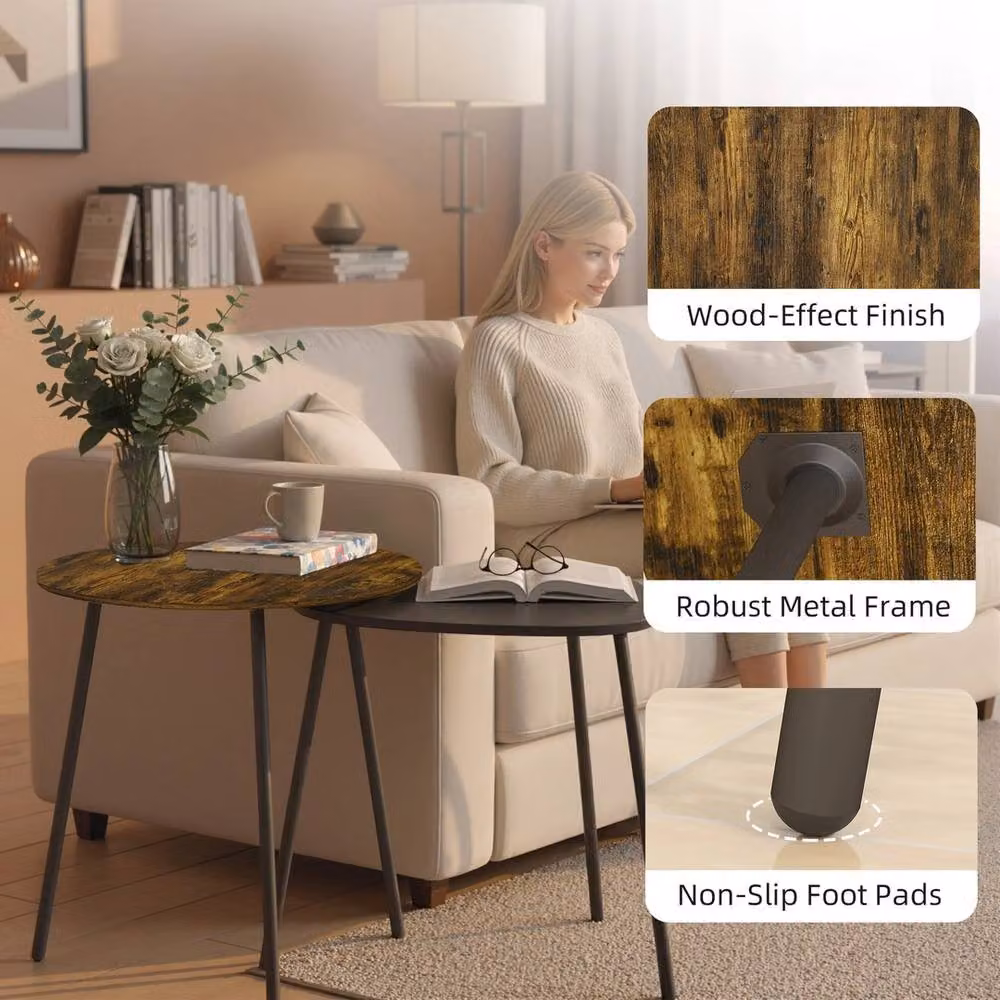 Havendro Nest of 2 Round Nesting Side Tables in Rustic Brown and Black with MDF and Metal Construction – 3