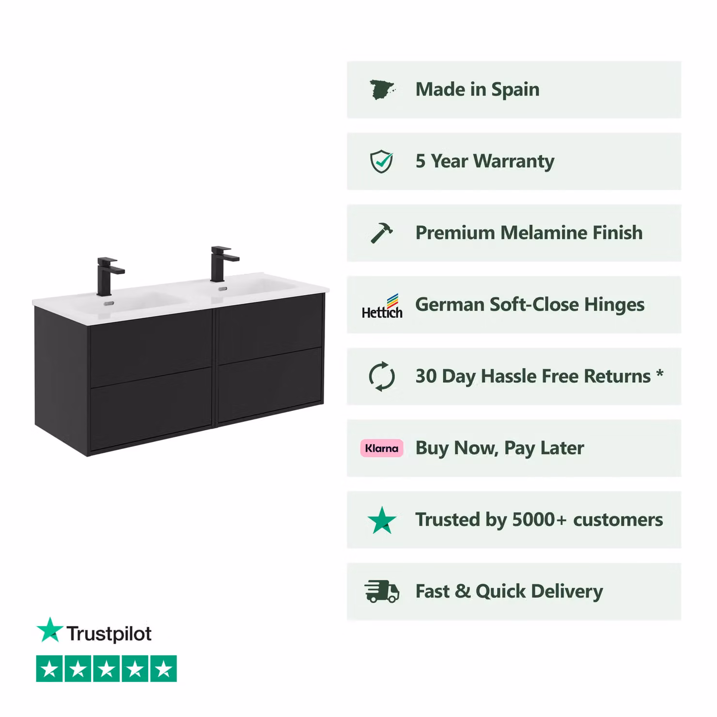 Banyetti Venti Wall Hung Vanity Unit with Athena Basin, Matt Black, W: 120 cm, D: 45 cm, H: 48 cm – 2