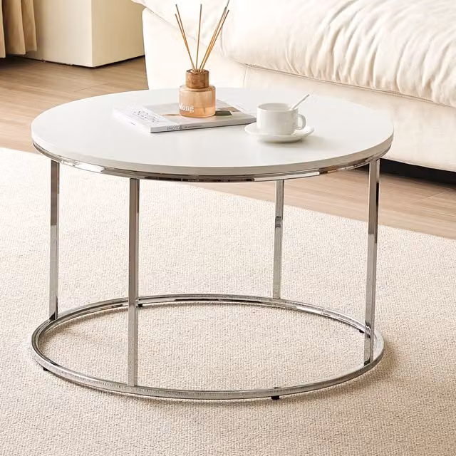 Comfy Living Minimalist Round White Coffee Table with Metal Base, Diameter: 70 cm