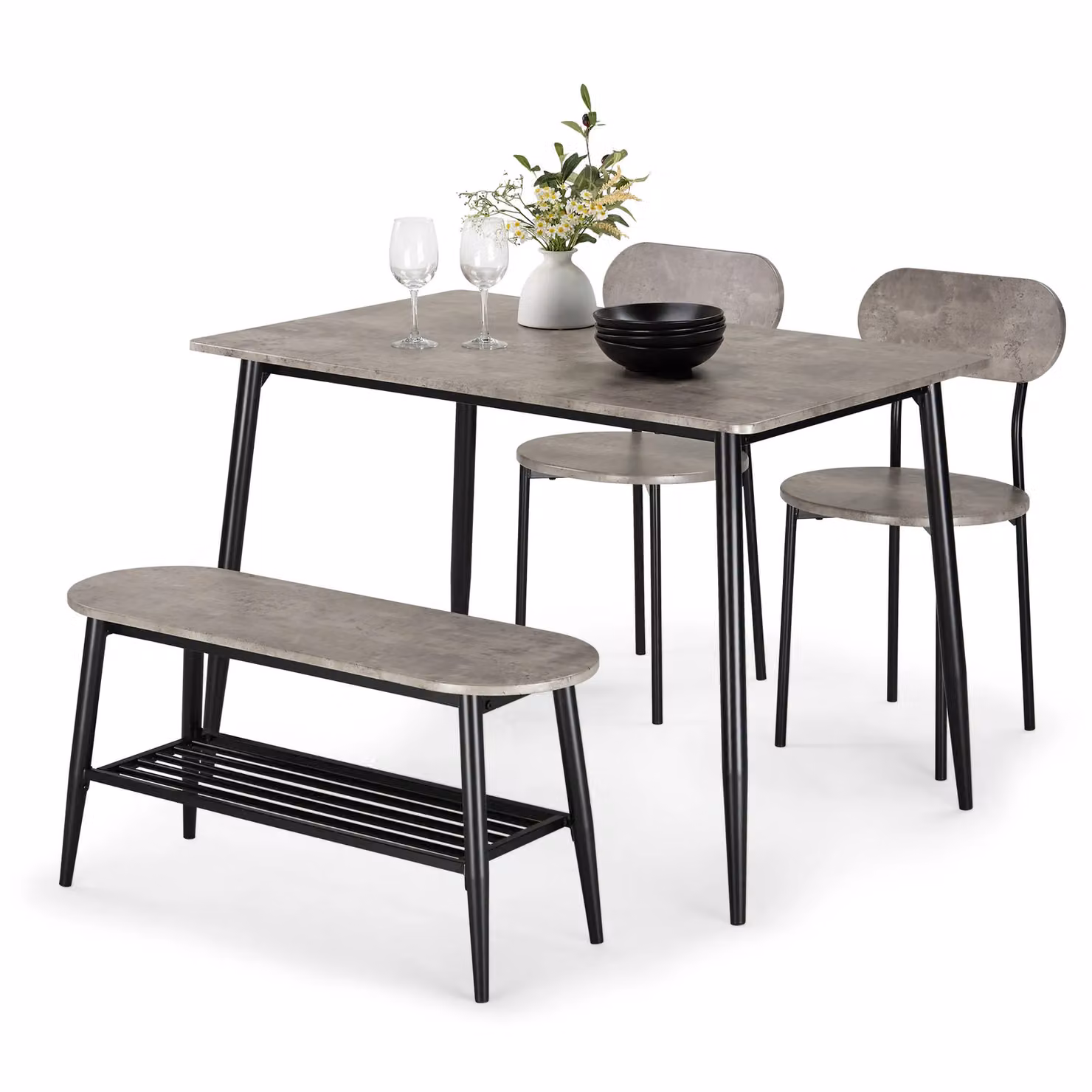 VonHaus Concrete Effect Dining Set with Table, Bench and 4 Chairs in Grey and Black, W/D/H: 110 x 70 x 75 cm – 2