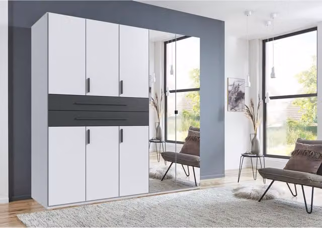 TJS Digit 6-Door Modern Bedroom Wardrobe in White and Grey with Mirror, Height: 225 cm