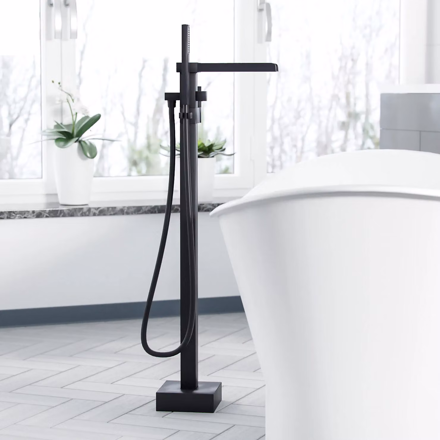 Nes Home Laura Matte Black Freestanding Waterfall Bath and Shower Mixer Tap with Swivel Spout – 2