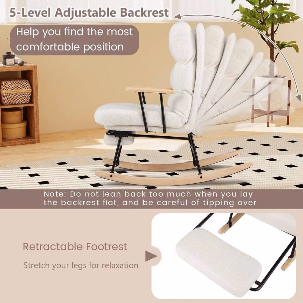 Kelvenix Nursery Rocking Chair in White Velvet and Bouclé with 5-Level Adjustable Backrest and Armrests – 3