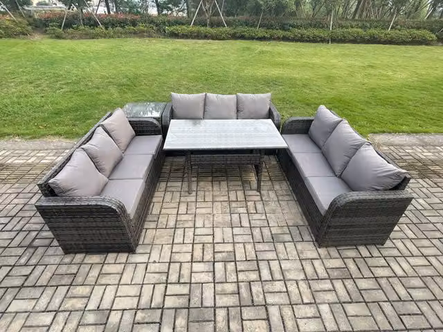 Fimous 9 Seater Rattan Garden Furniture Set with Oblong Rectangular Dining Table and Side Table in Dark Grey