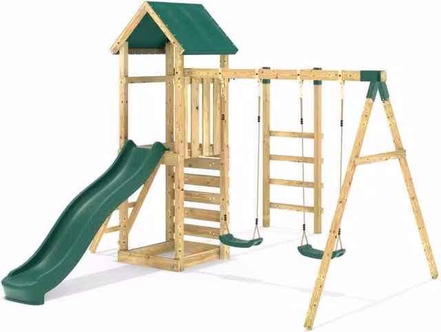 Rebo Wooden Climbing Frame with Double Swing and Slide in Green