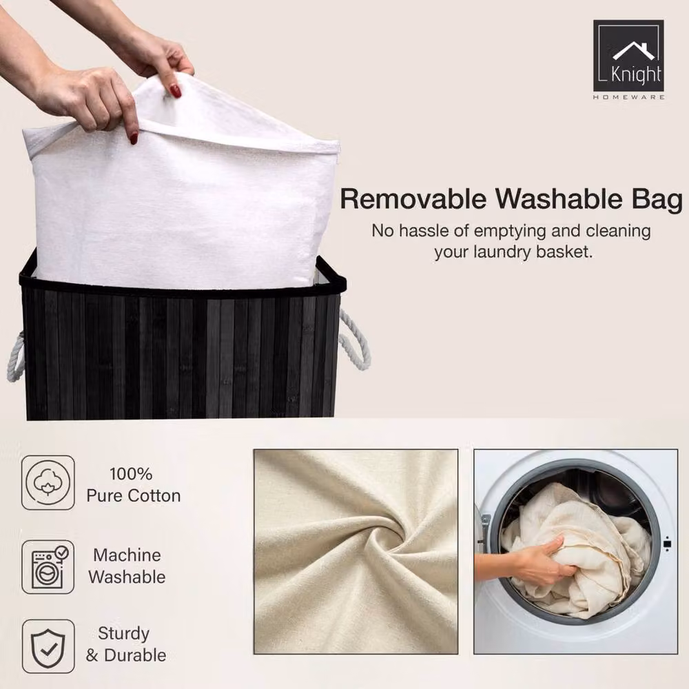 PAWNORA Bamboo Laundry Basket with Lid, Black, W/D/H: 56.0 x 18.0 x 60.0 cm – 2