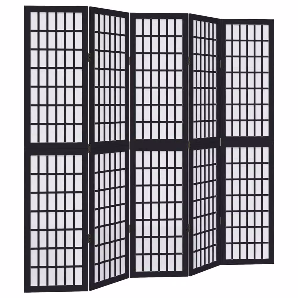 Berkfield Home 5-Panel Room Divider in Black Solid Paulownia Wood, H 180 cm x W 180 cm x D 1.6 cm – 2