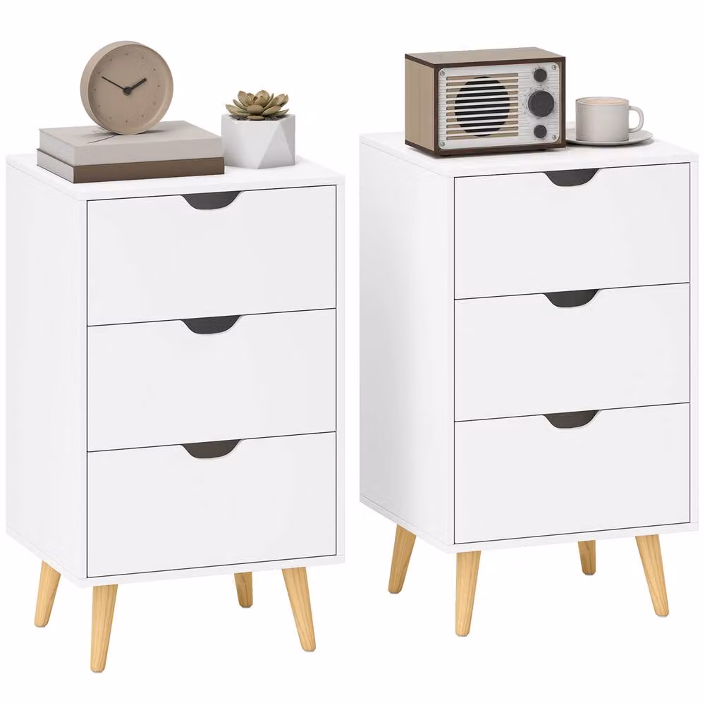 HOMCOM Set of 2 White Bedside Tables with 3 Drawers and Pine Legs – 2