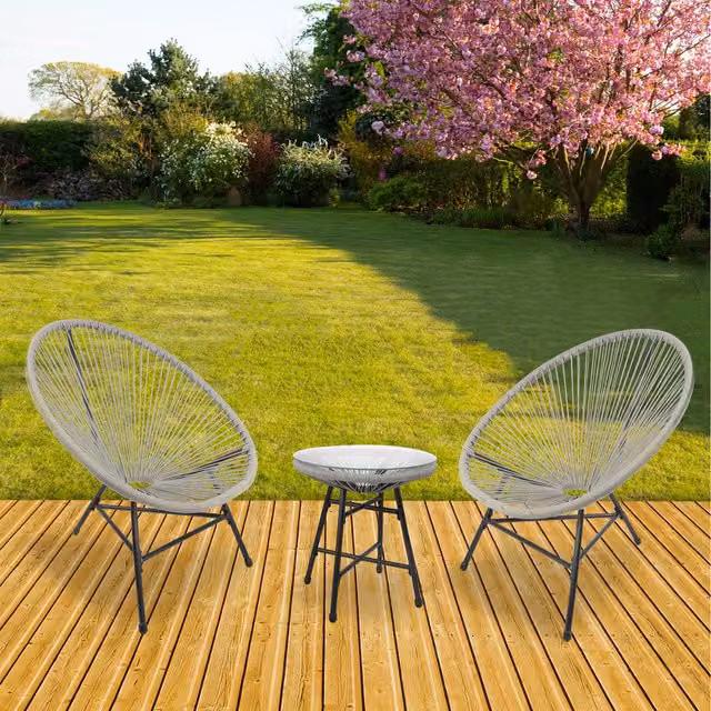 RayGar 3-Piece Bistro Egg Designer String Chair Garden Set in Grey
