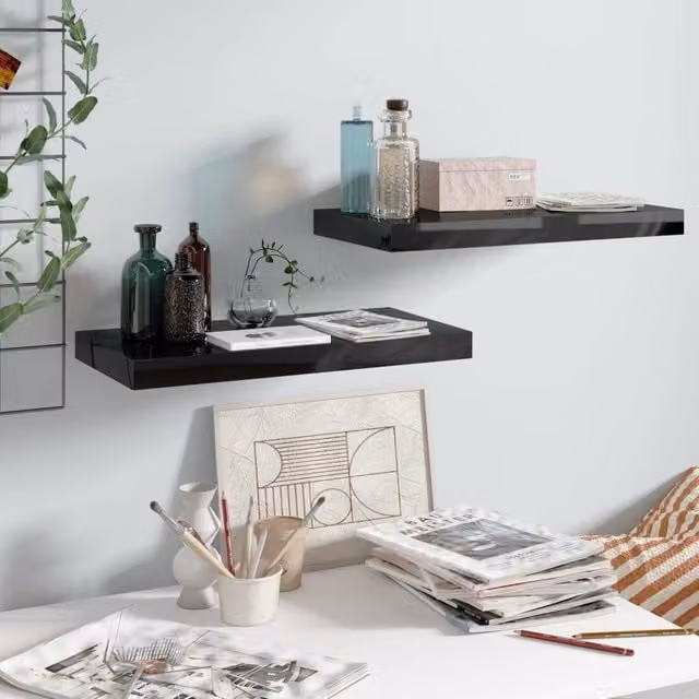 Berkfield Home Set of 2 High Gloss Black Floating Wall Shelves, W: 50 cm, D: 23 cm, H: 3.8 cm
