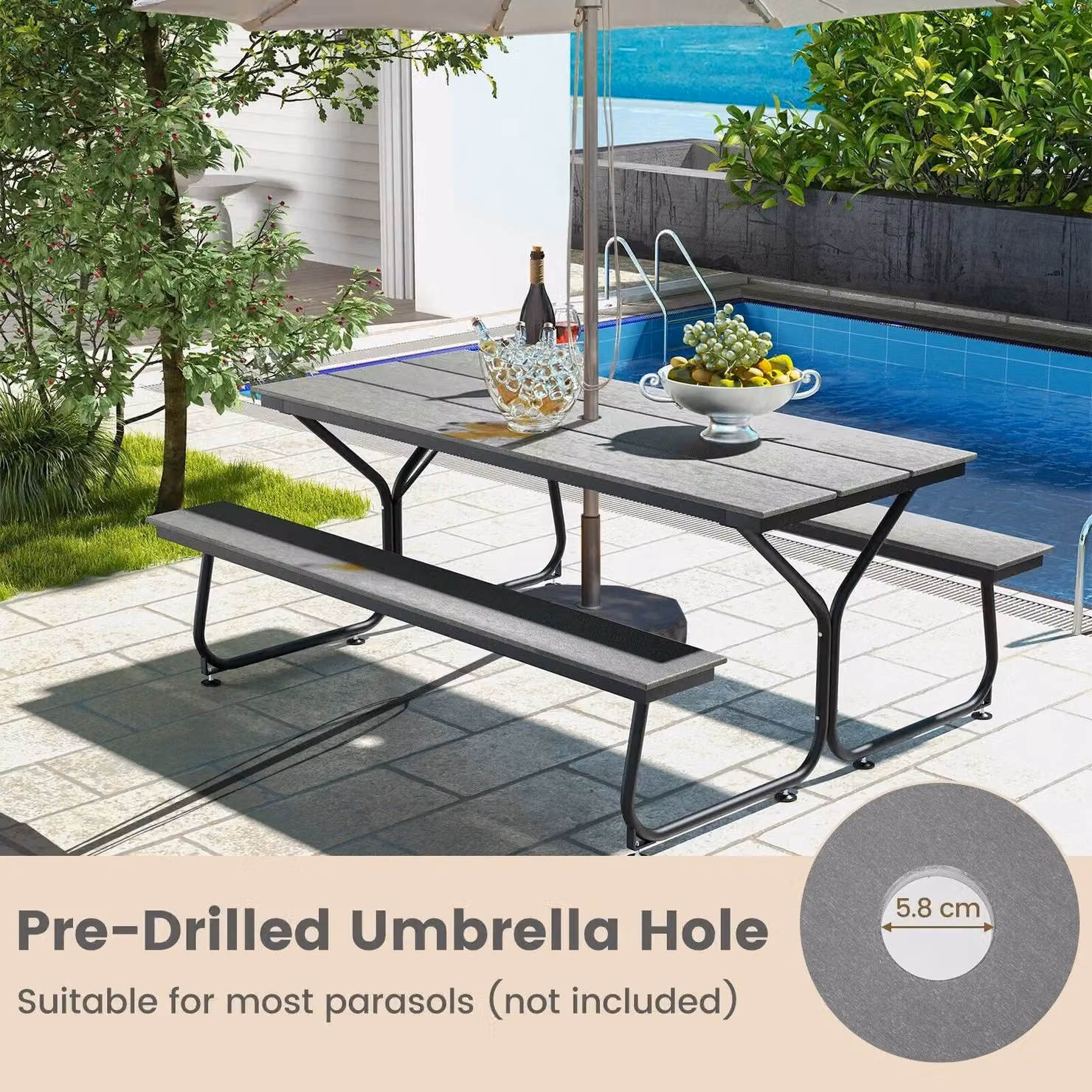 Gymax 8-Person Picnic Table and Bench Set in Grey with Umbrella Hole – 5