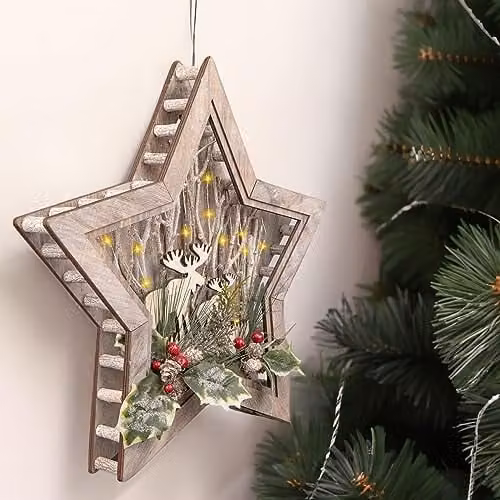 Shatchi Rustic Wooden Christmas Reindeer Star Scene Tabletop Centrepiece in Brown, W: 38 cm, D: 6 cm, H: 38 cm – 3