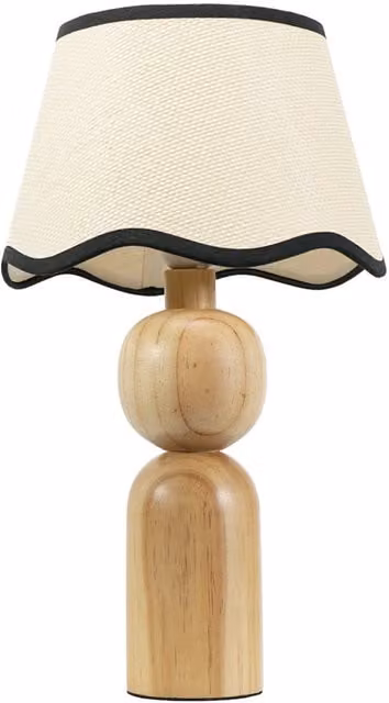 ValueLights Azalea Rustic Wooden Table Lamp with Black Base and Beige Linen Scallop Edge Shade