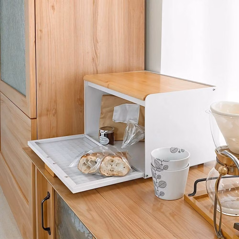 PAWNORA Dual Open Bread Bin in White Metal and Bamboo – 2