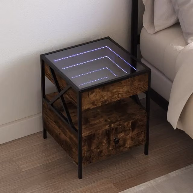 Berkfield Home Bedside Table with Infinity LED and Mirror Top in Smoked Oak Brown, W/D/H: 40 x 40 x 51 cm – 1