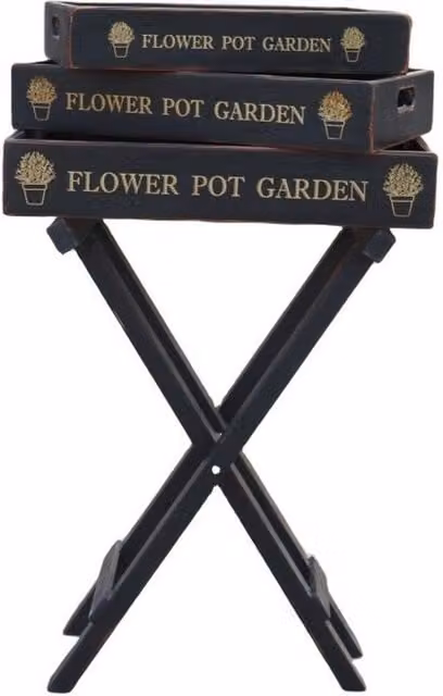 Minster Decorative Foldable Stand with Flower Pot Garden Serving Trays, Set of 3, Black Wood, H 78.0 x W 56.0 x D 38.0 cm – 1