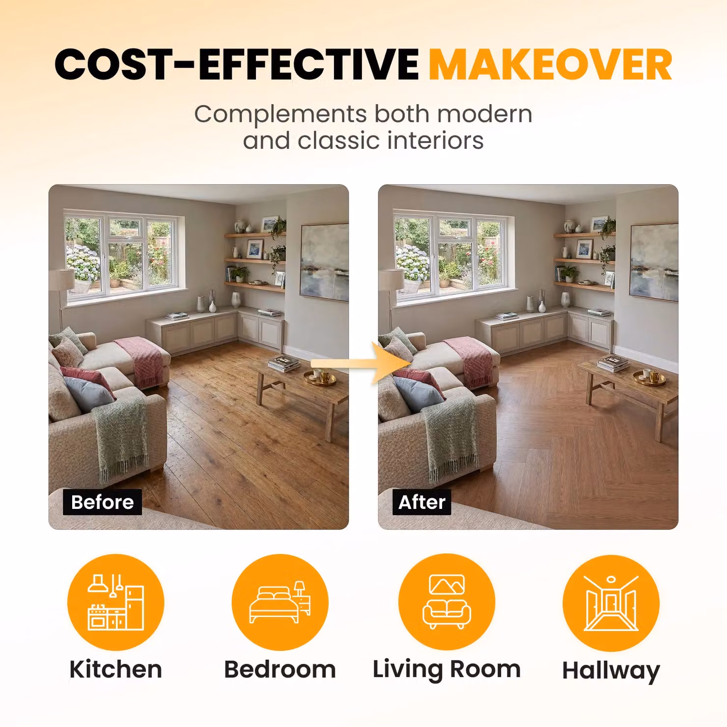 Novecrafto Self Adhesive Wood Look Vinyl Floor Planks, Light Brown, Pack of 36, W: 91.4 cm, D: 15.2 cm – 6