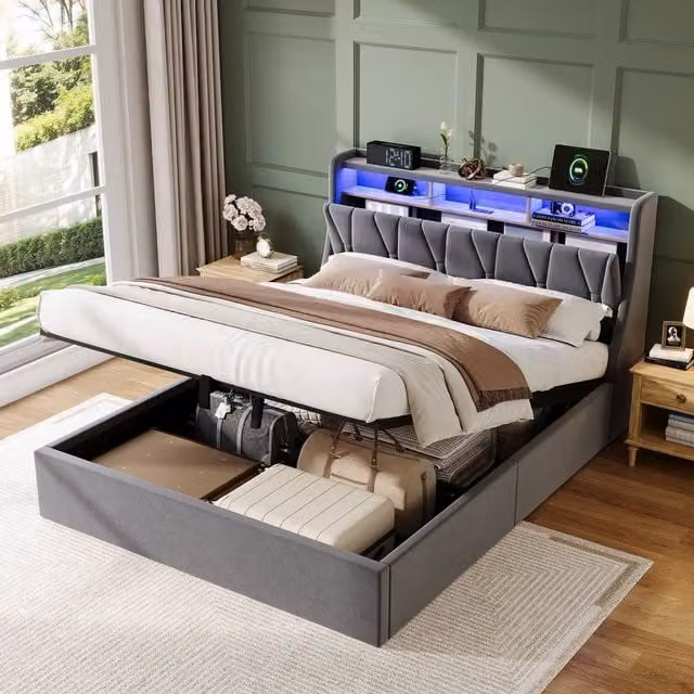 Rolipo Grey Velvet Double Ottoman Storage Bed with LED Lighting and USB Charging Port, W/D/H: 140 x 200 cm