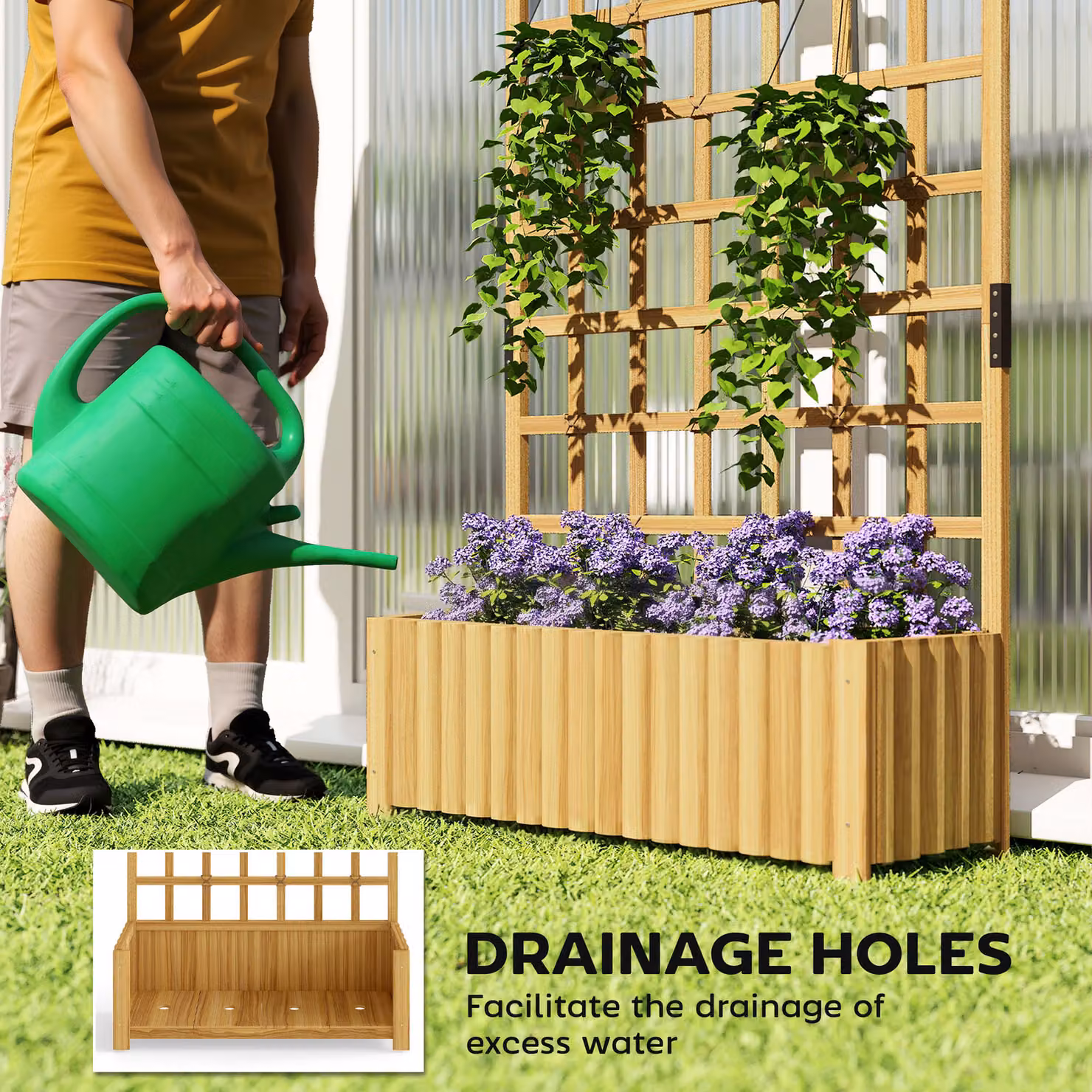 Outsunny Brown Wooden Raised Planter with Trellis and Drainage Holes for Climbing Plants, W/D/H: 180 x 90 x 30 cm – 3