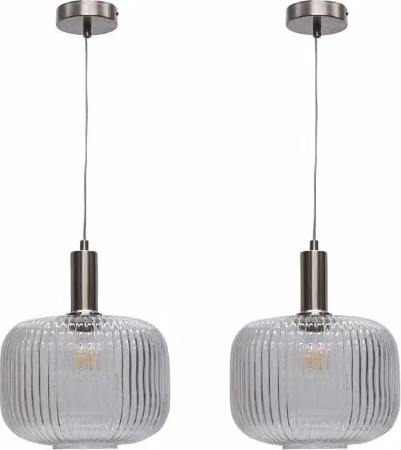 First Choice Lighting Batley Large Deco Pendant Lights, Set of 2, Clear Ribbed Glass and Silver Metal, Height: 116.5 cm, Width: 25.5 cm, Depth: 25.5 cm – 1