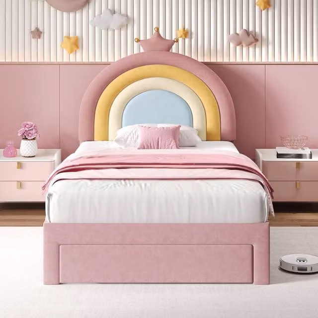 Merax Single Velvet Rainbow Storage Bed with Drawer, Pink and Multicolour, W/D/H: 90 x 190 x 128 cm – 1