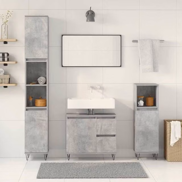 Berkfield Home 3 Piece Bathroom Furniture Set in Matt Concrete Grey featuring Vanity Unit, Tall Cabinet and Wall Cabinet