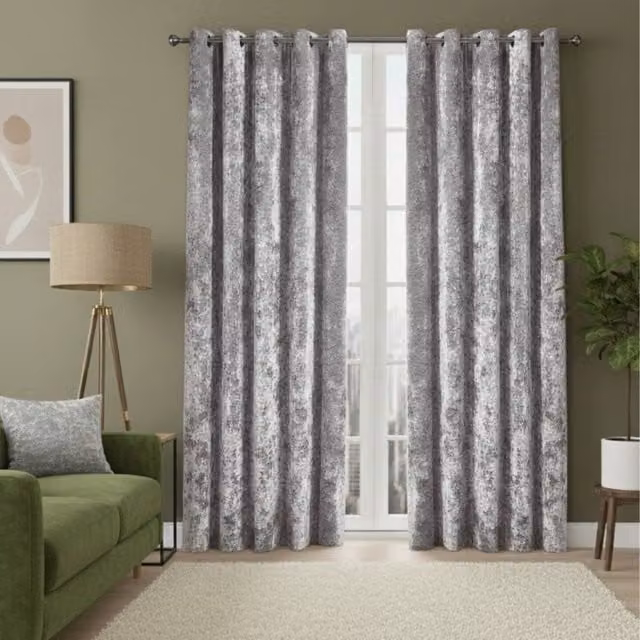 Snug City Silver Crushed Velvet Eyelet Curtains, Thermal Insulating and Opaque, Width: 167 cm, Drop: 137 cm – 1