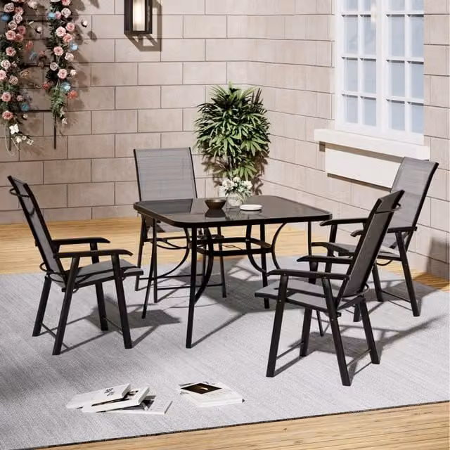 Livingandhome Modern Outdoor Bistro Set in Black with Square Glass Table and 4 Folding Chairs, W: 105 cm
