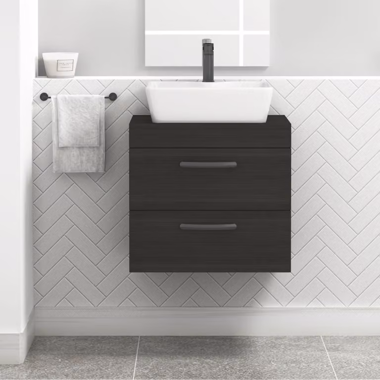 Royal Bathrooms Hale Black Wall Hung 2 Drawer Vanity Unit and Cube Countertop Basin with Matt Black Handles, Width: 60 cm