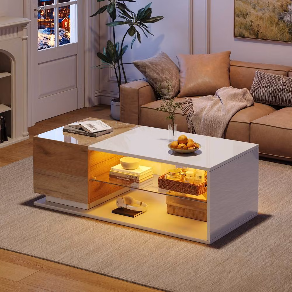 Merax 2-Tone High Gloss LED Coffee Table with Glass Shelf and Storage Cabinet in White – 2