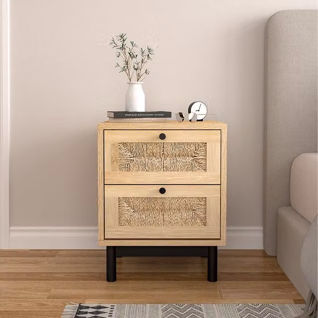 Livingandhome Natural Woven Rattan 2-Drawer Accent Cabinet with Black Legs