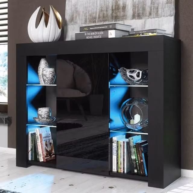 SPETLEK Modern TV Unit with Glass Doors and Integrated Lighting in Black Matt and High Gloss
