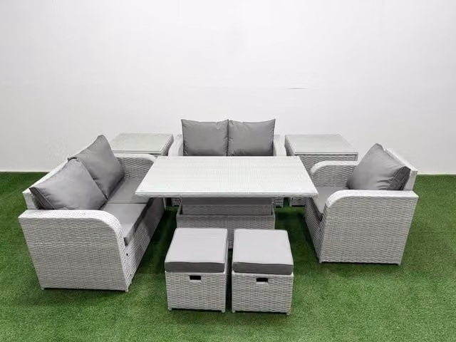 Fimous Grey Poly Rattan Garden Furniture Set with Reclining Armchair, 2-Seater Sofa, and Adjustable Coffee Table