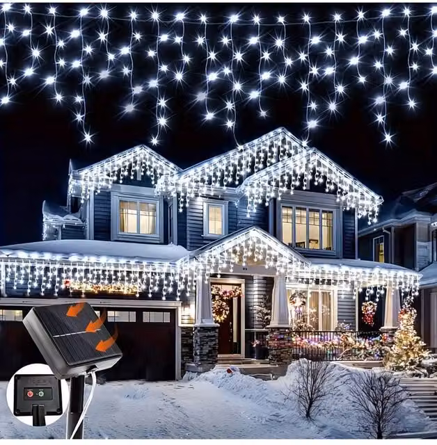 Living and Home Solar-Powered White LED Icicle String Lights with Remote Control and Dusk Sensor