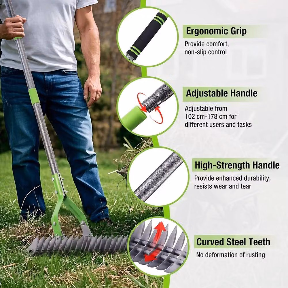 Havendro Adjustable Lawn Thatch Rake in Grey, 178 cm – 2