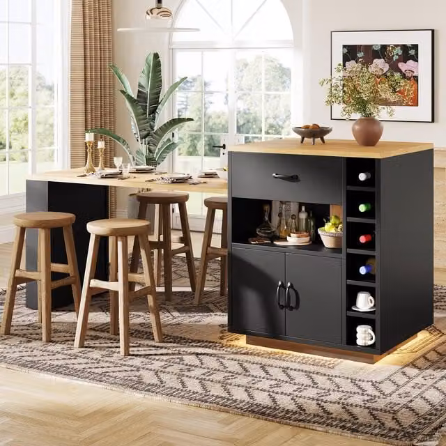 Aosom UK Extendable Kitchen Island with Dining Table and Multifunctional Storage Cabinet with Wine Rack, Black, W/D/H: 141 x 70 x 101.5 cm