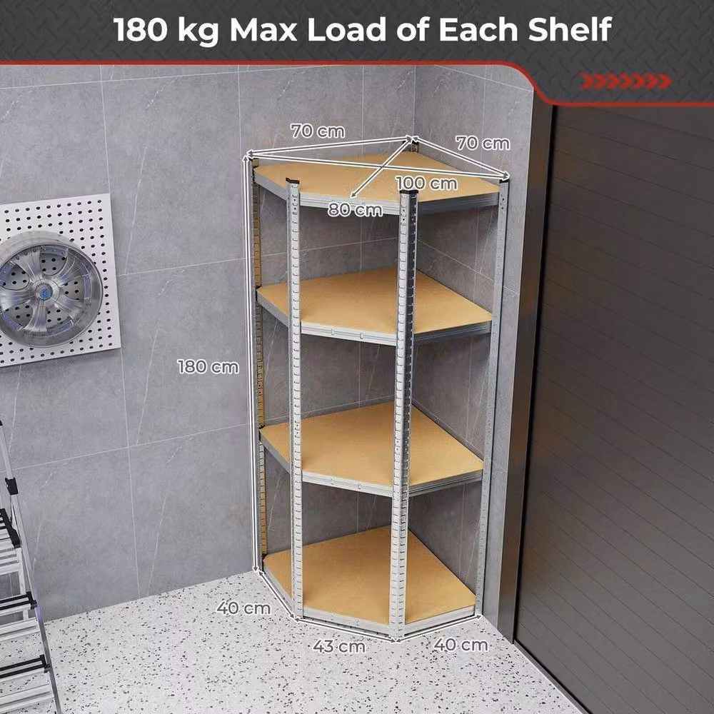 Kelvenix 4-Tier Adjustable Metal Corner Shelving Unit in Silver, H 180 x W 100 x D 52 cm – 2
